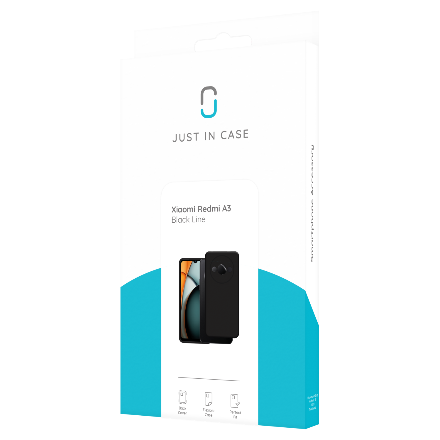 Zwarte telefoonhoesjesdoos. Tekst: Just in Case, Xiaomi Redmi A3 Black Line. Heeft een hoesjesafbeelding.