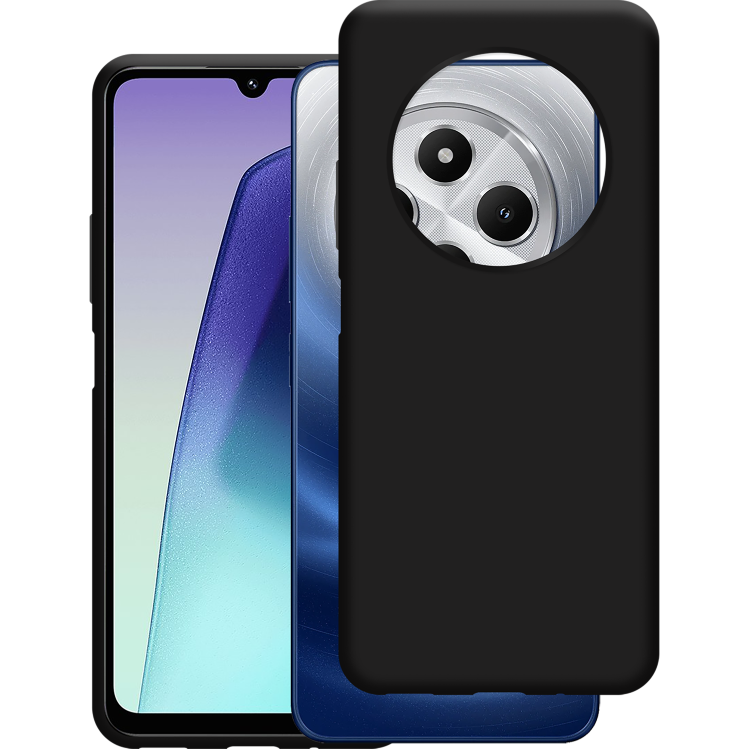 Zwarte telefoon met zwarte hoes. Het scherm van de telefoon staat aan en er is een camera zichtbaar.