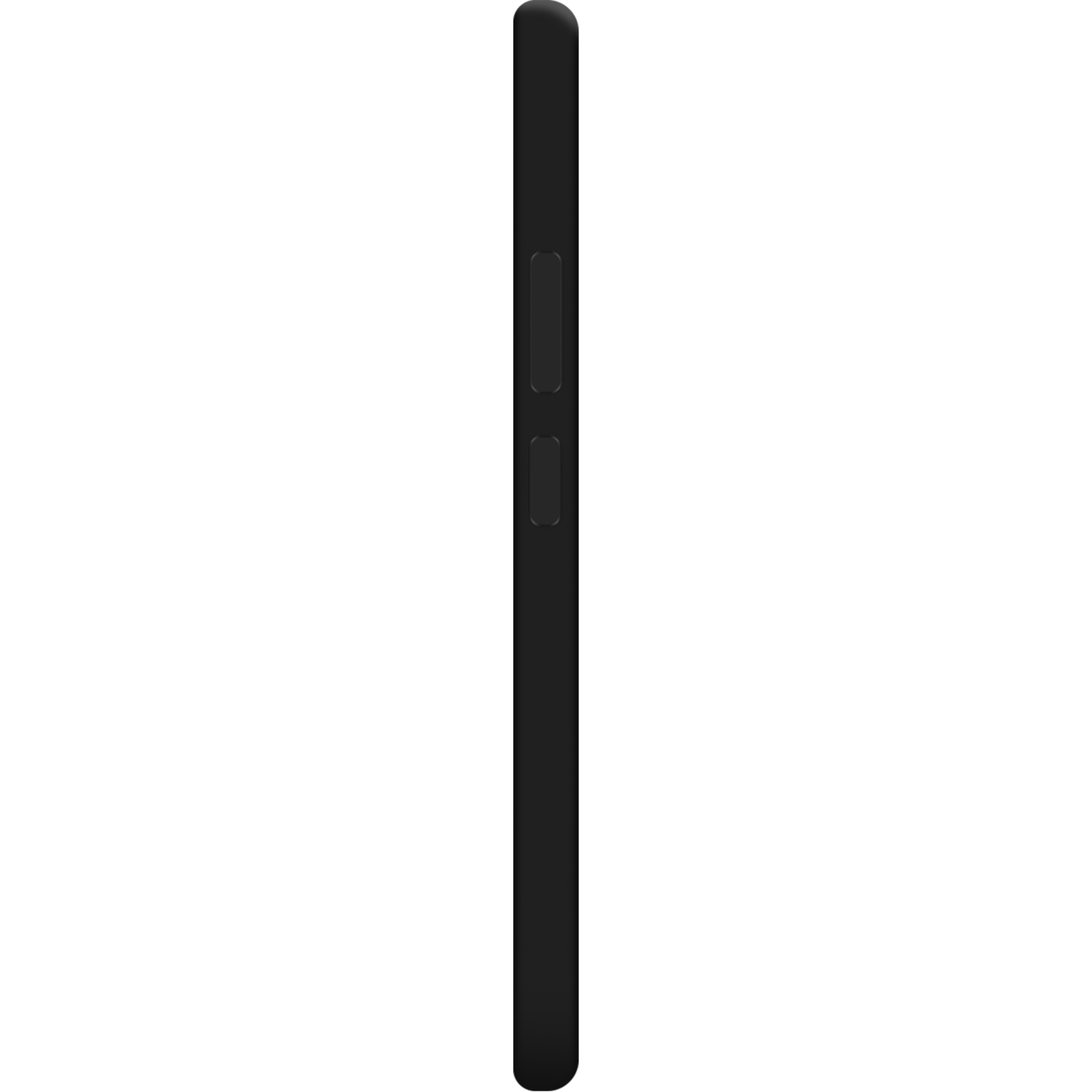 Zwart telefoon zijkantprofiel. Heeft volume- en aan/uit-knoppen.