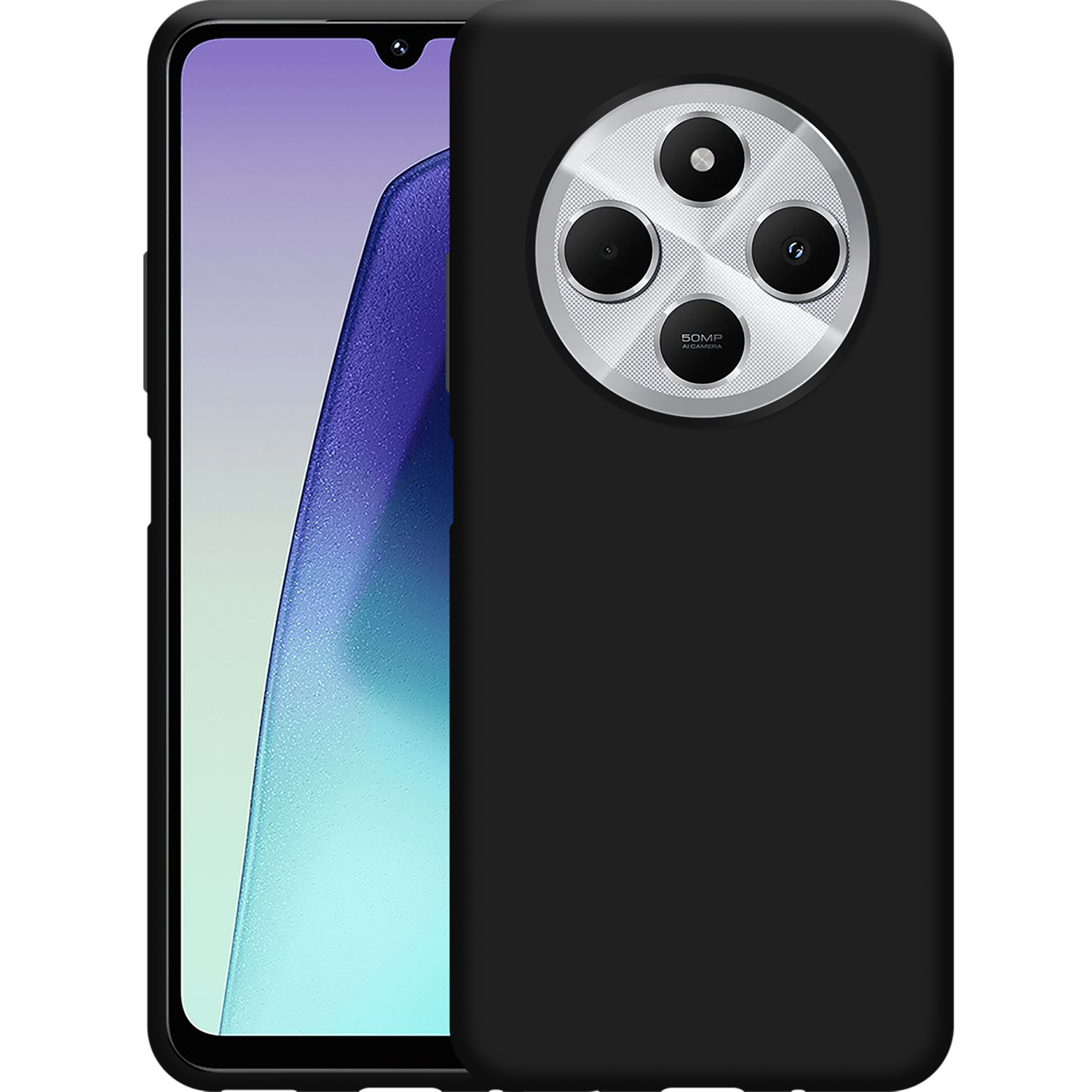 Zwarte telefoon met drie camera's, in een zwart hoesje.