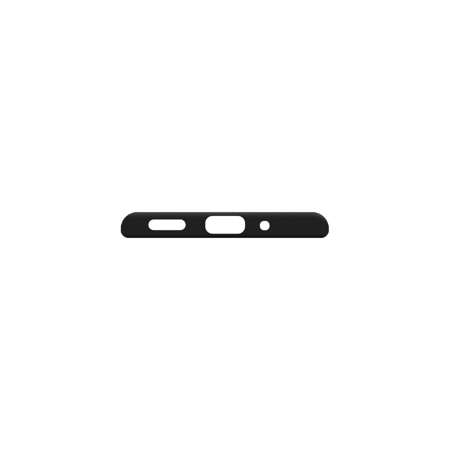 Onderkant van een zwarte telefoonhoes met uitsparingen.