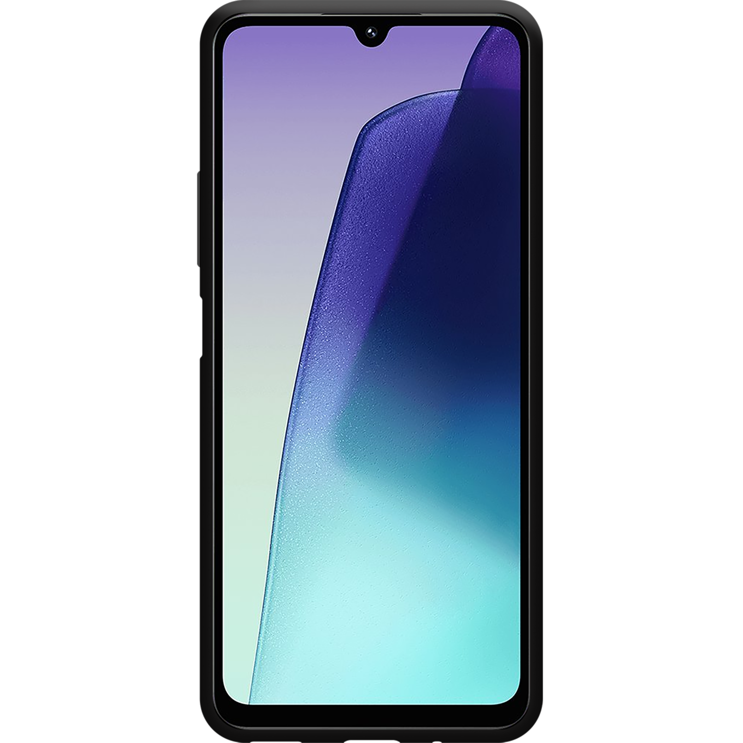 De telefoon is zwart, het scherm staat aan, met een blauw en paars scherm.