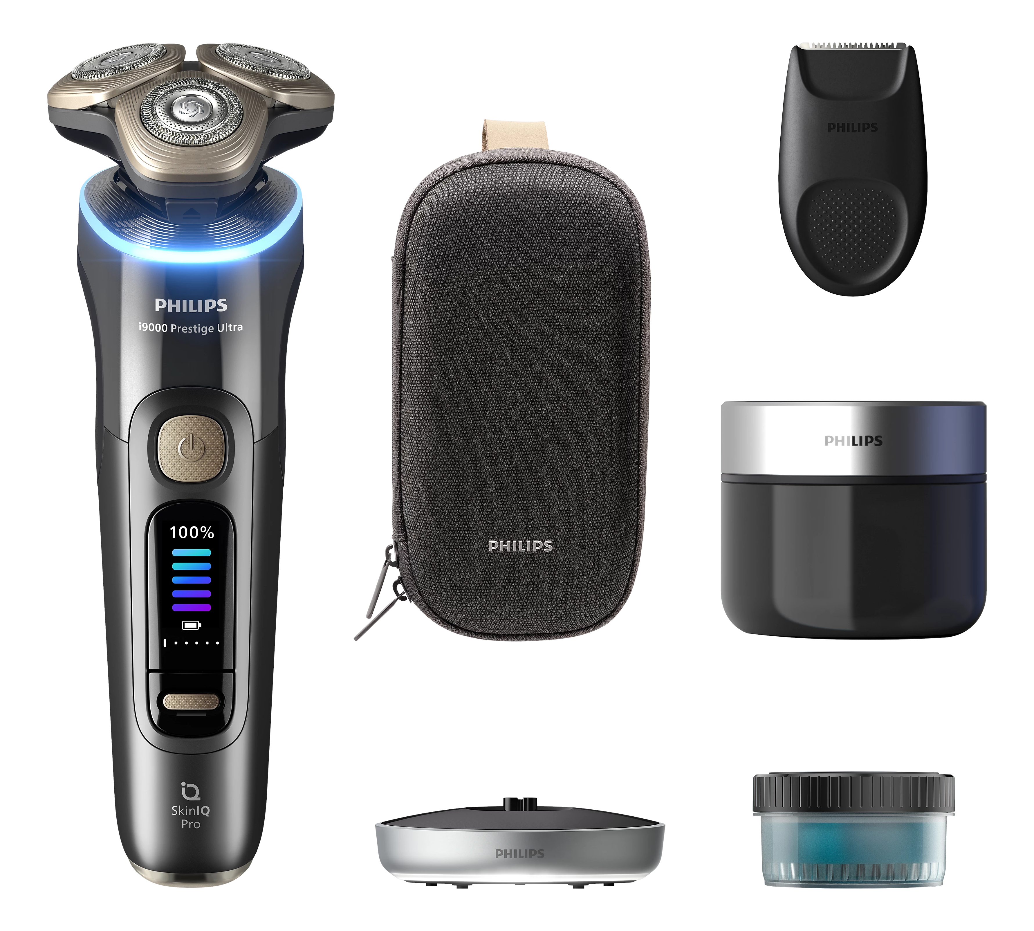 Rasoir électrique Philips noir et argent avec accessoires : étui, tondeuse, contenant, socle. Fond noir.