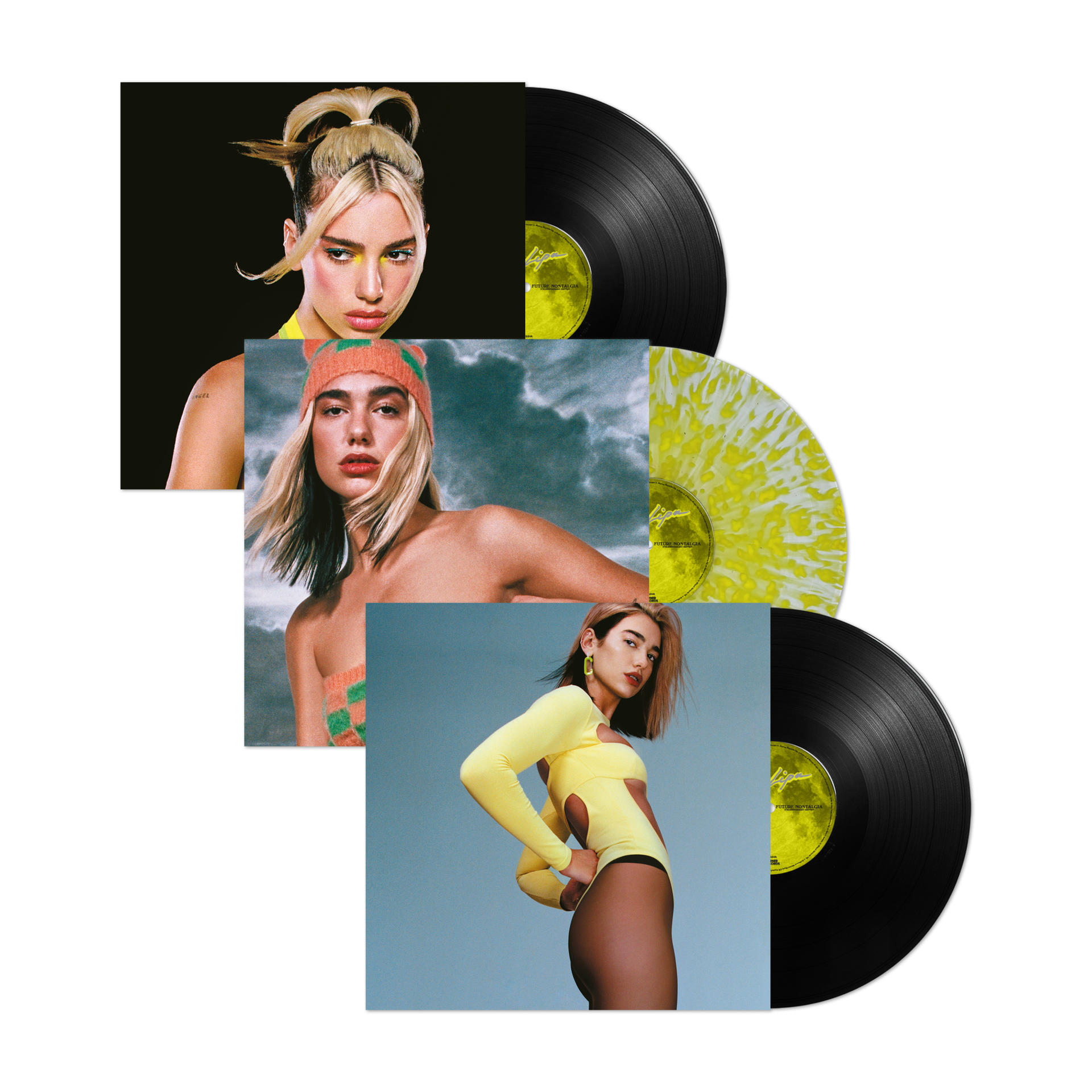 Dua Lipa Albumcover mit drei verschiedenen Fotos von ihr und Vinyls.