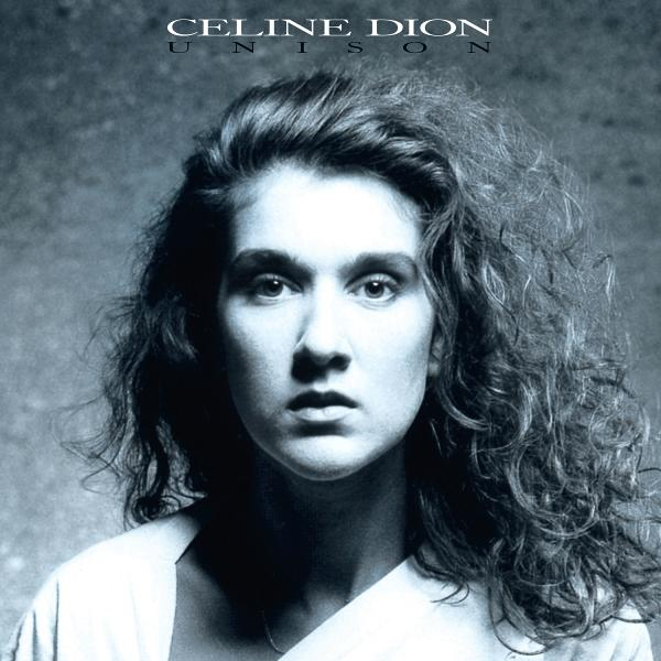Celine Dions Unison-Albumcover, ein Schwarz-Weiß-Porträt der Sängerin.
