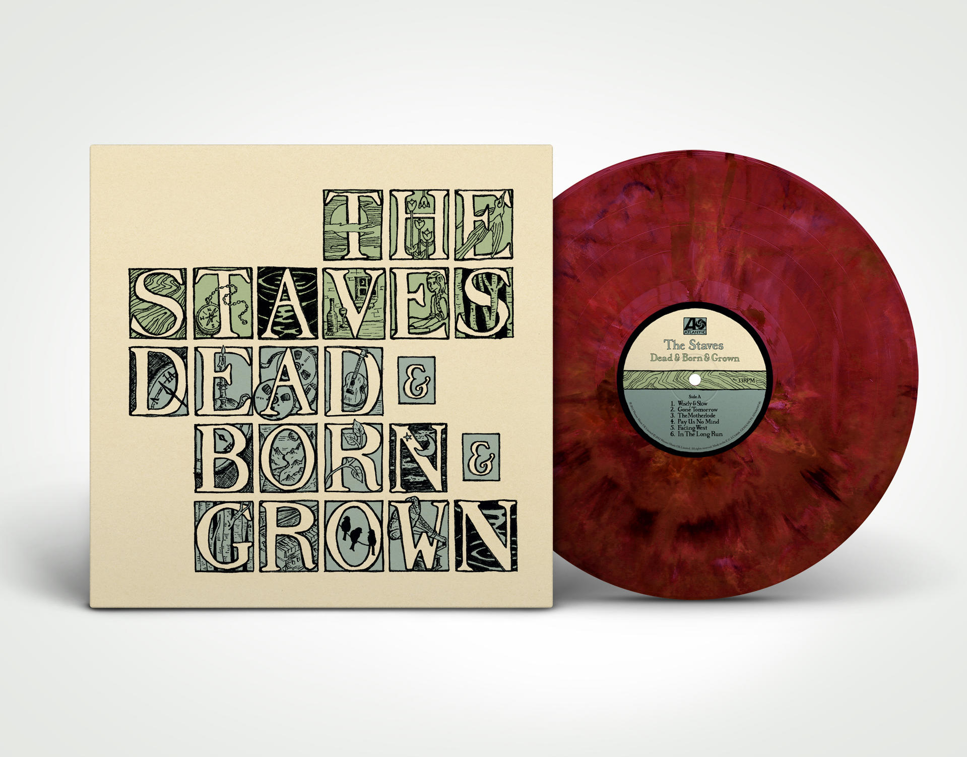 A The Staves album borítója a bakelit lemezzel. A borítón szöveg és illusztrációk vannak.
