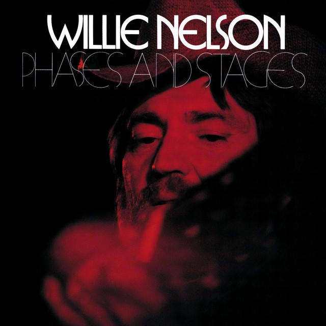 Willie Nelson 'Phases and Stages' albumának borítója. Piros árnyalatú fotó Willie-ről, kalapban, fehér albumcímmel.