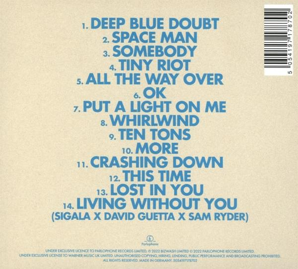 Az album hátsó borítója, kék színű számlistával. A számok között szerepel a 'Deep Blue Doubt'.