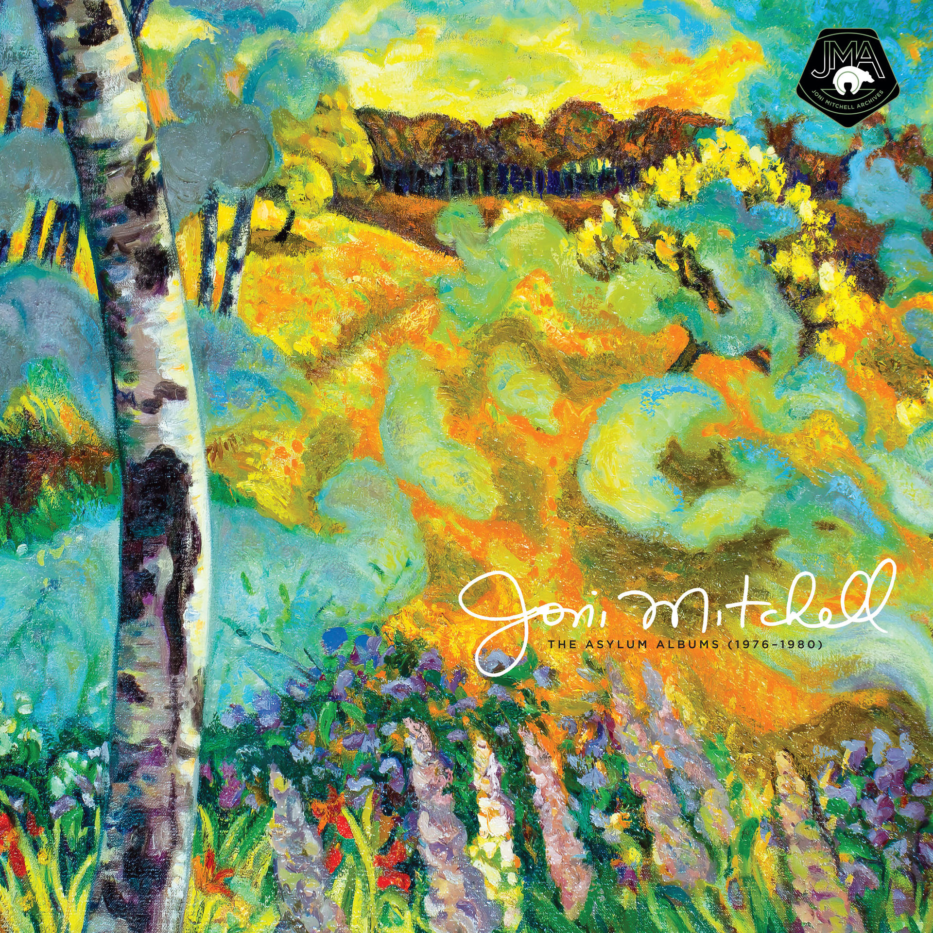 Album borítója, egy absztrakt festmény fákkal, vízzel és virágokkal, "Joni Mitchell" és "The Asylum Albums (1976-1980)" felirattal.