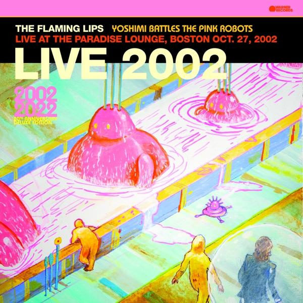 Színes albumborító. Rózsaszín, blob-szerű figurák a vízben, emberek a földön, és a LIVE 2002 felirat.