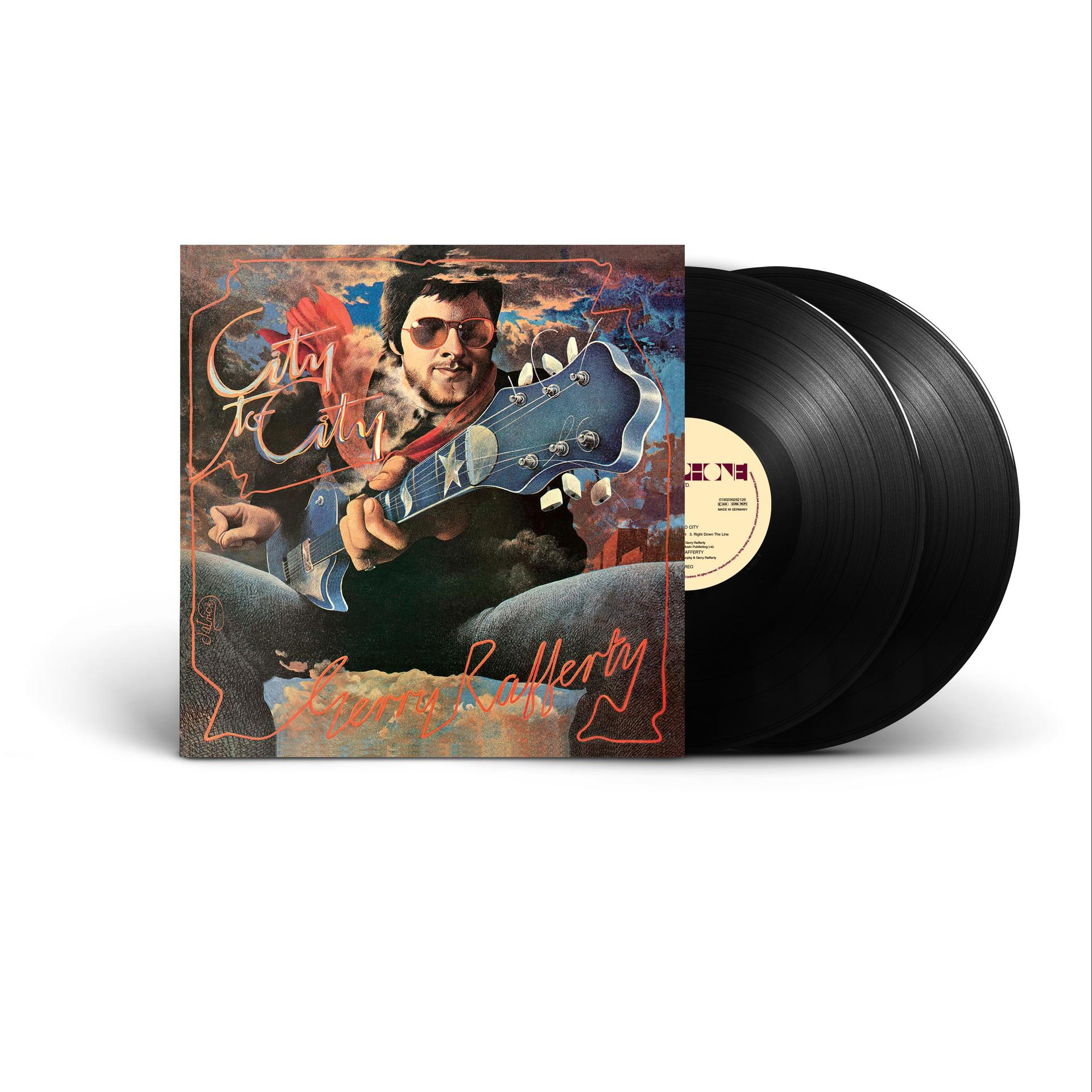 Gerry Rafferty album borítója. Férfi gitárral. Két fekete bakelit lemez látható.