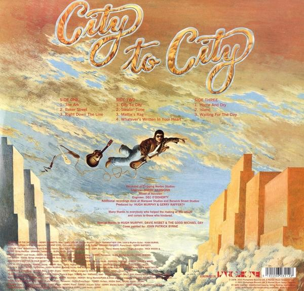 Album borító, City to City. Egy férfi gitárokkal repül egy város felett, égbolt és városkép.