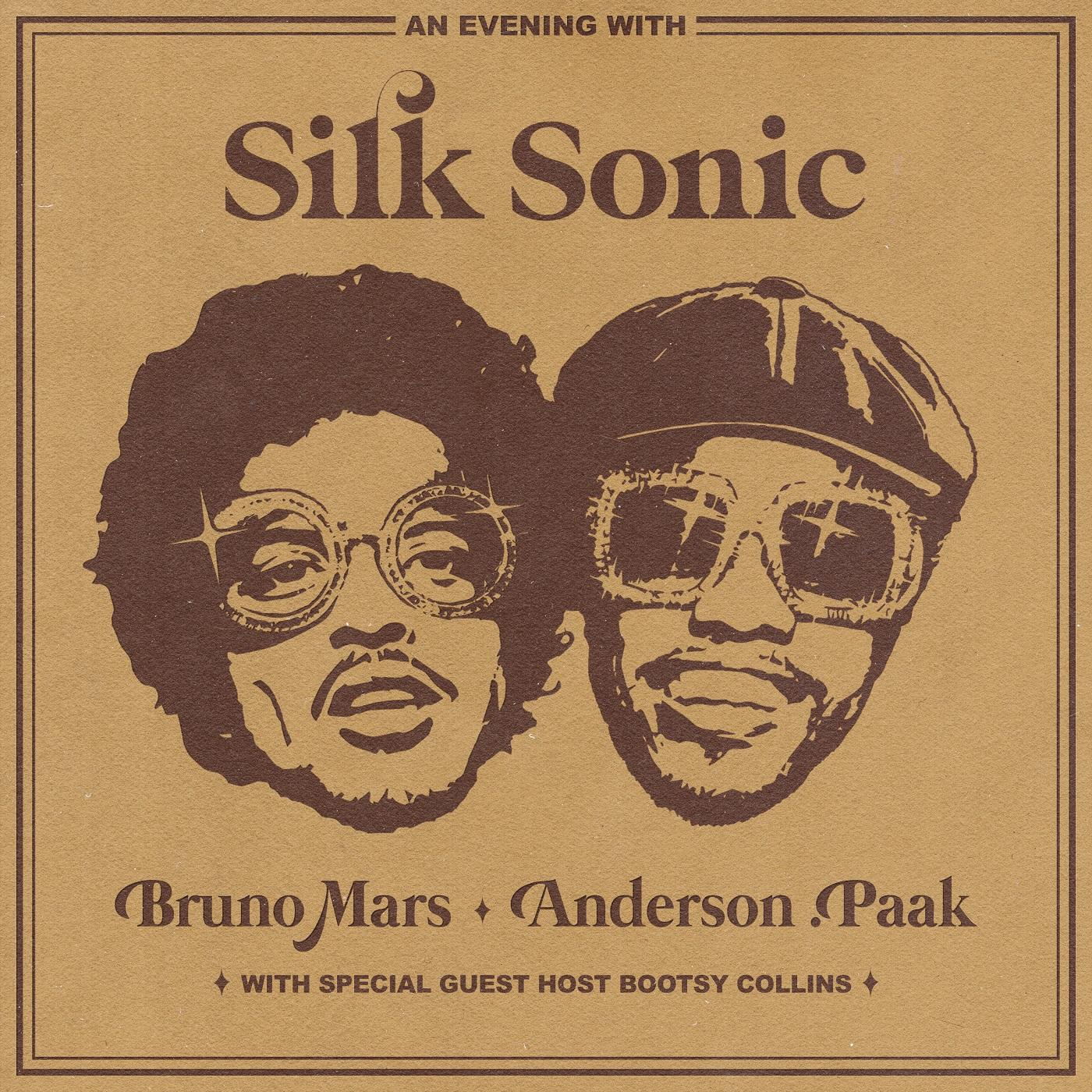 Album borító: Silk Sonic, Bruno Mars-szal és Anderson .Paakkal, barna háttérrel.