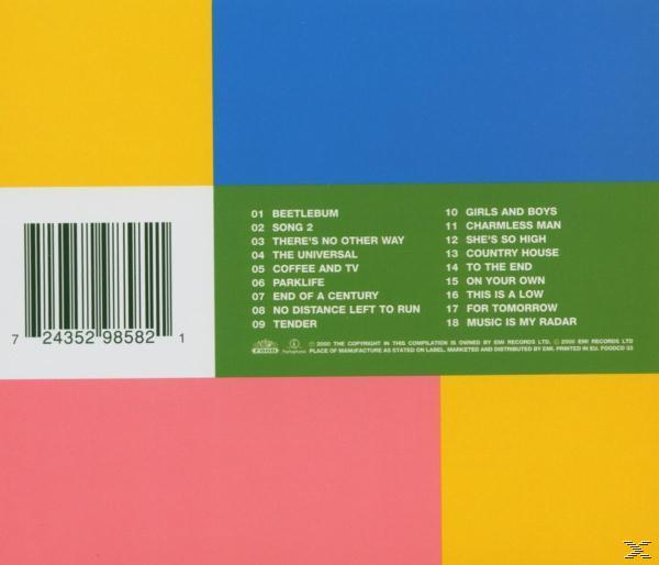 Album borító színes blokkokkal, vonalkóddal és dal listával. A számok között szerepel a Beetlebum, a Song 2 és a Girls and Boys.