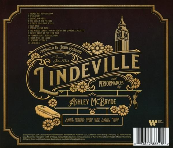 Lindenville album borító arany szöveggel és virágos díszítéssel. Koporsó és Big Ben grafika.