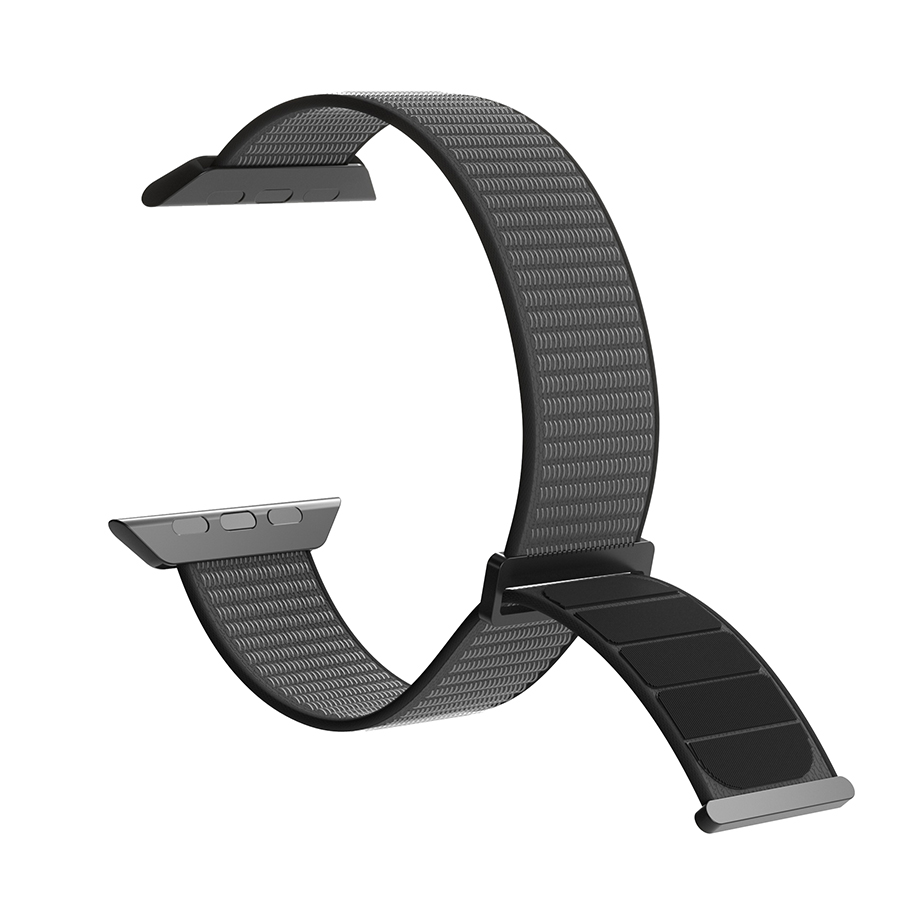 Koyu gri Apple Watch kayışı. İki uç, biri pimli, diğeri cırt cırtlı kayışlı.