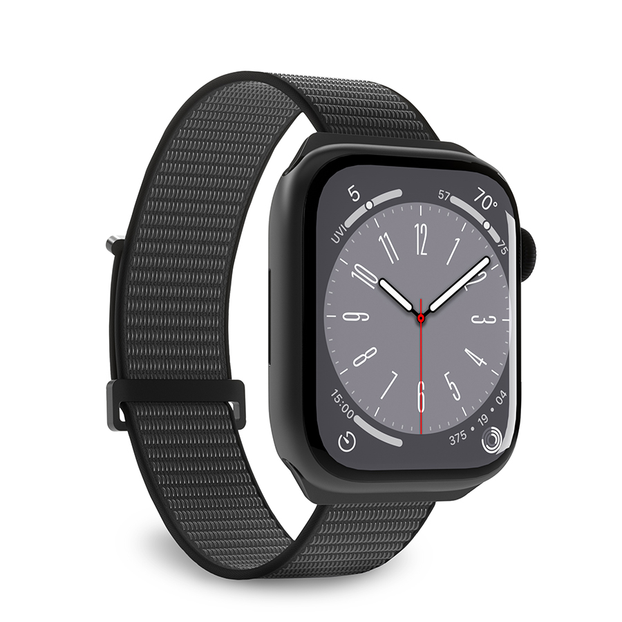 Siyah bantlı siyah Apple Watch, saat ve tarihi gösteriyor.