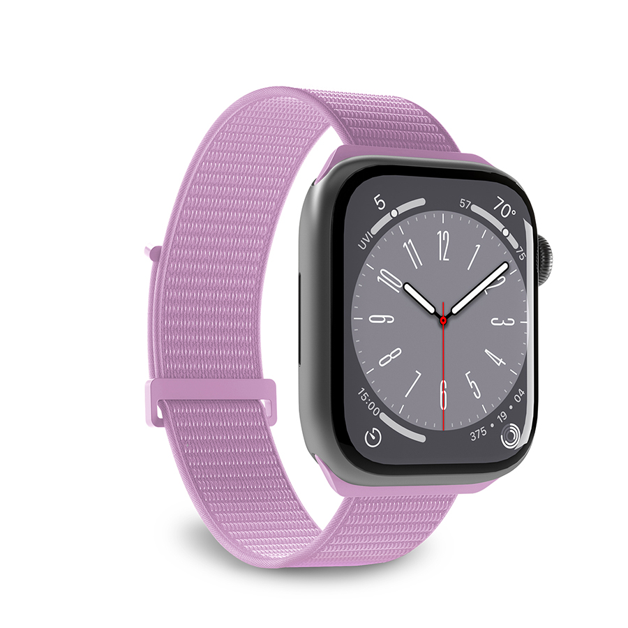 Mor kayışlı Apple Watch. Saati gösterir.