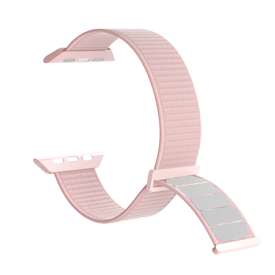 Açık pembe Apple Watch kayışı. İki uç, biri pimli, diğeri cırt cırtlı kayışlı.