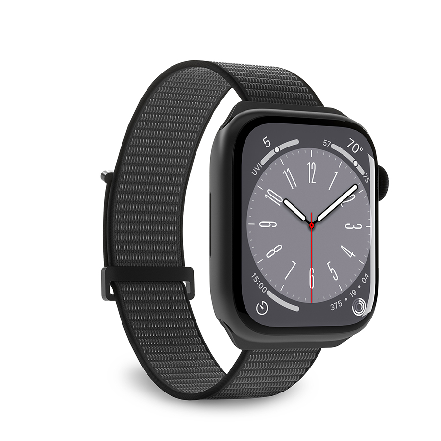 Siyah dokuma kayışlı Apple Watch. Beyaz rakamlarla siyah saat kadranı.