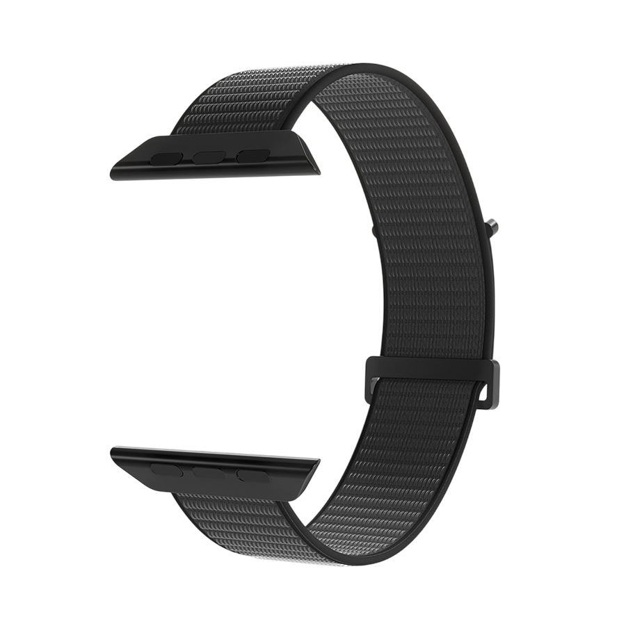 Siyah Apple Watch kayışı. Siyah konektörler ve bir toka ile dokuma, dokulu bir kayıştır.