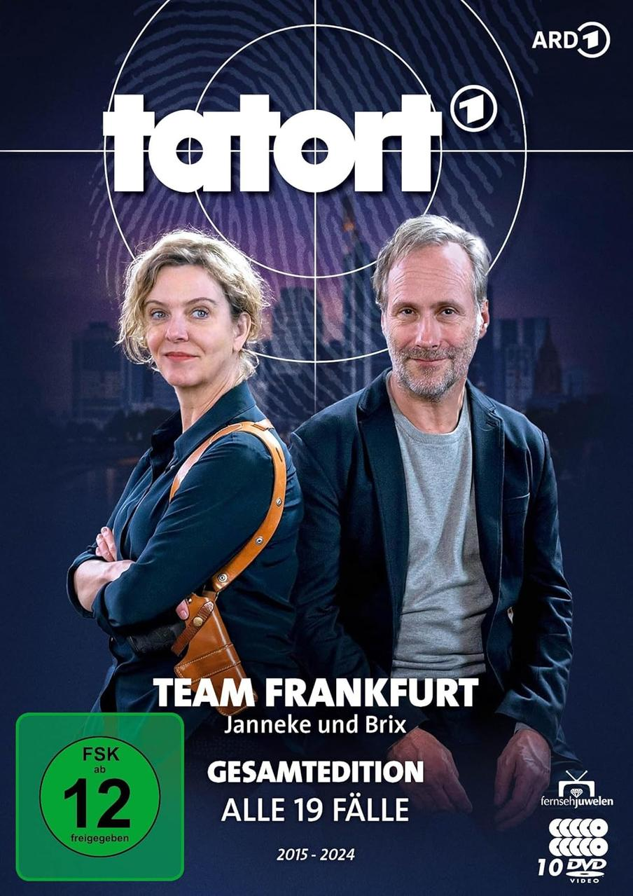 DVD-Cover von Tatort, Team Frankfurt. Zwei Personen stehen vor einer Kulisse mit einem Ziel.