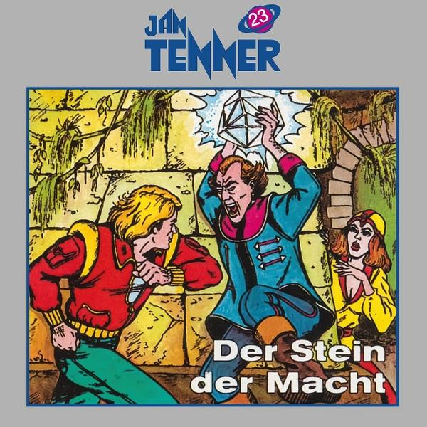 Comic-Cover: 'Der Stein der Macht'. Enthält eine Actionszene mit einem Mann, der einen Kristall hält.