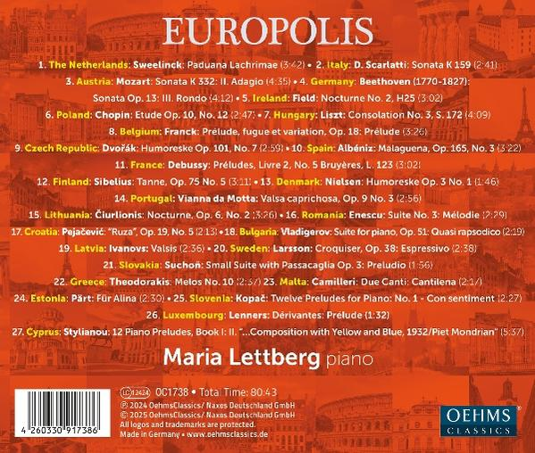 CD-Cover: Liste der Musiktitel, Text und Name des Komponisten.