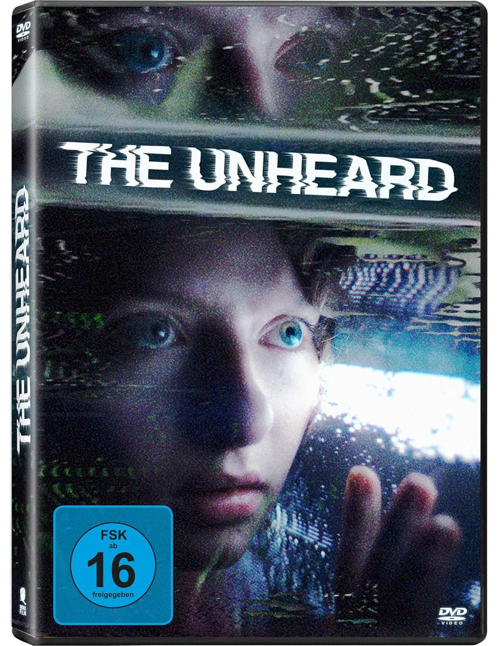 Filmcover: 'The Unheard'. Frauengesicht mit Glitch-Effekten, blaue Augen, schwarzer Rahmen.