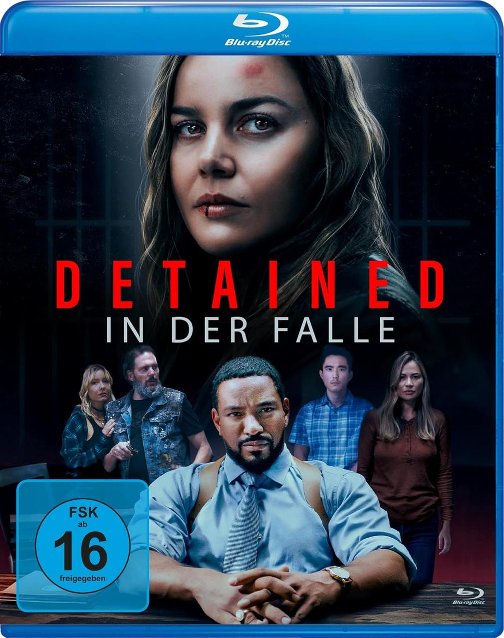 DVD-Cover: Detained In Der Falle. Eine Frau und Menschen im Hintergrund. Text: FSK ab 16.