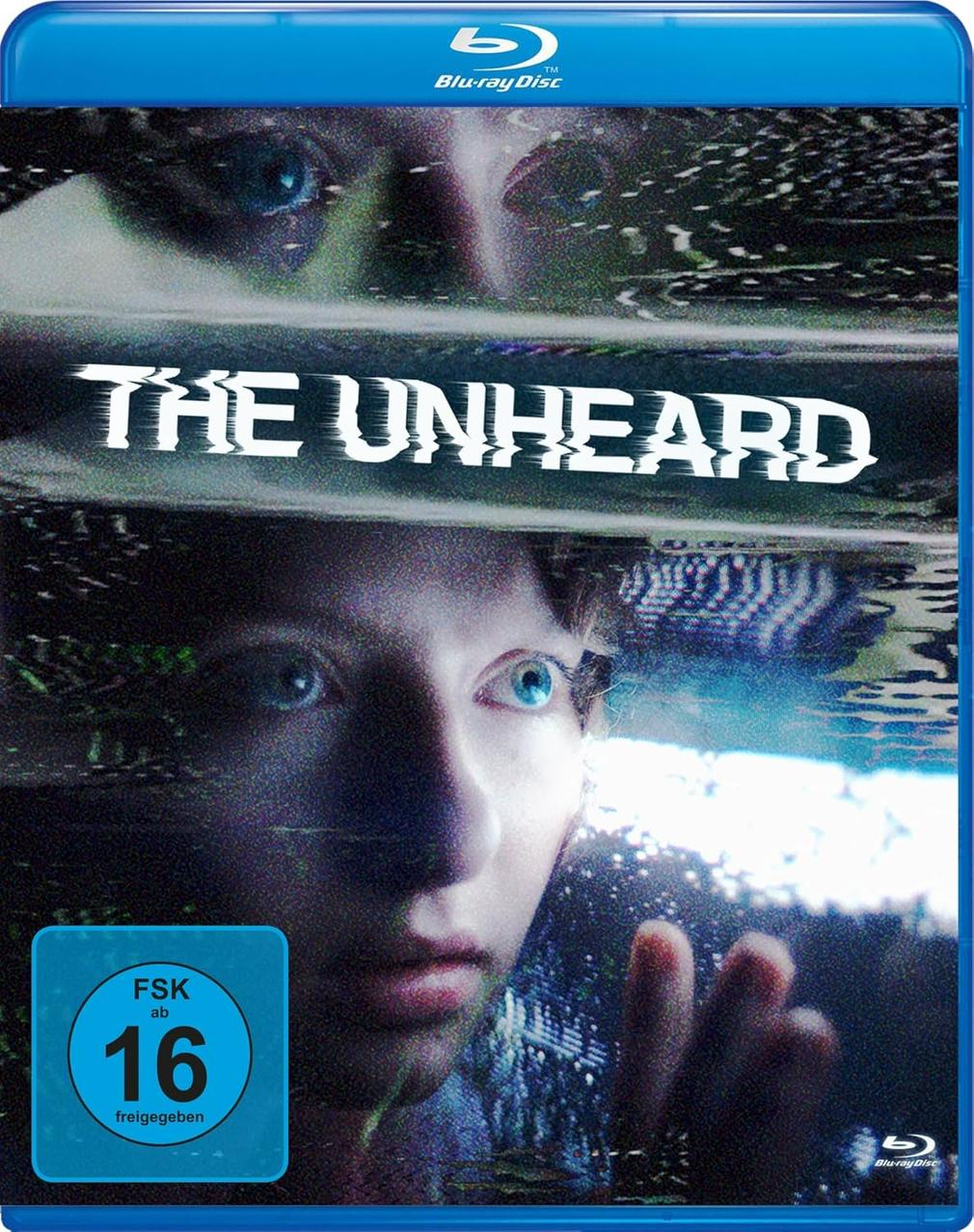 Blu-ray-Cover für den Film 'The Unheard'. Das Gesicht einer Frau ist mit Glitch-Effekten sichtbar.
