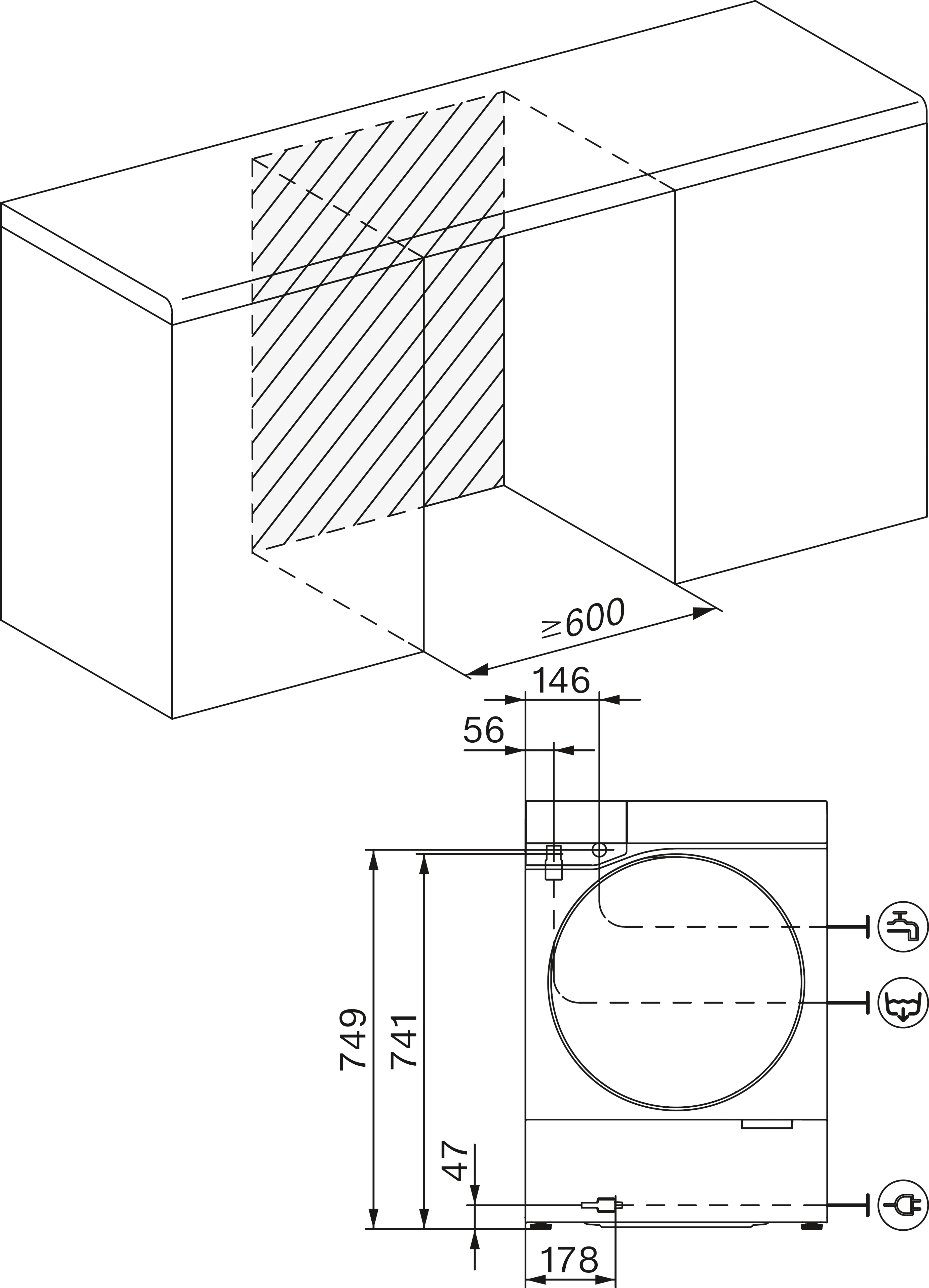 Ein Diagramm einer Waschmaschine mit Maßen.