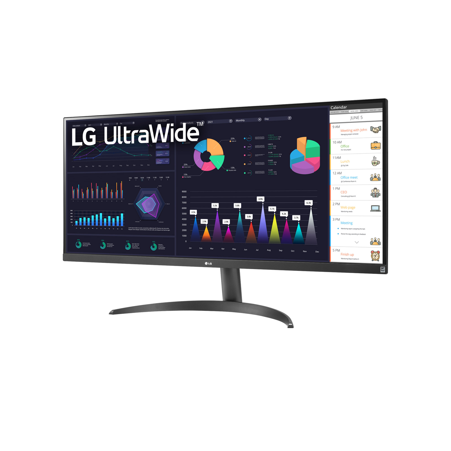 An LG UltraWide monitor displaying graphs and a calendar on a white background.