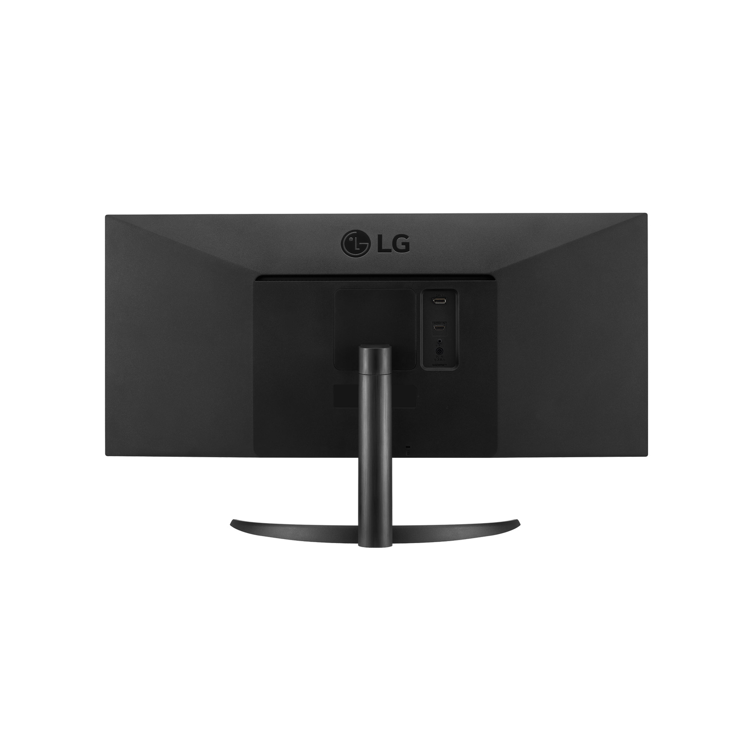 Black computer monitor back with ports and stand.