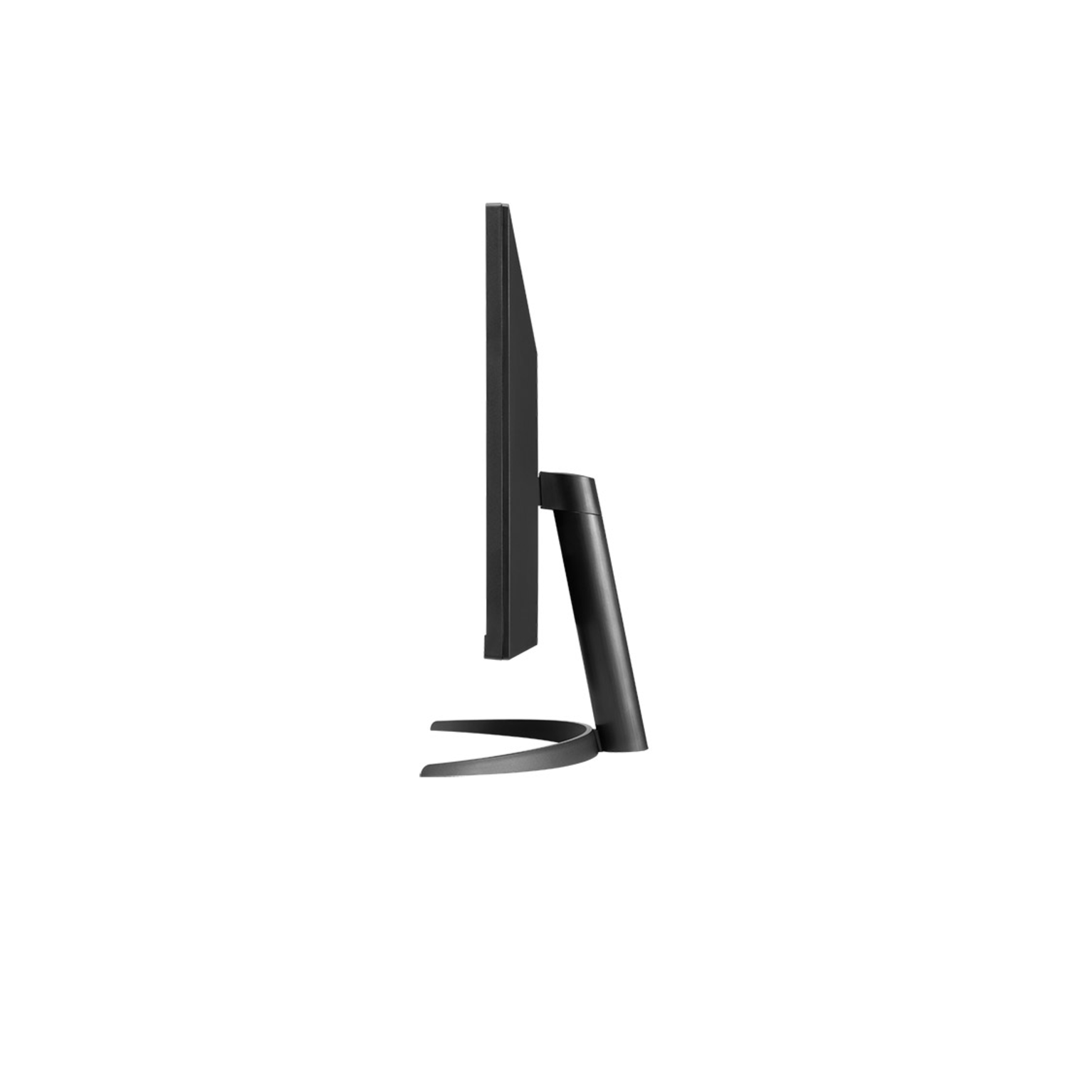 A black computer monitor from the side, showing a thin screen and a curved stand.