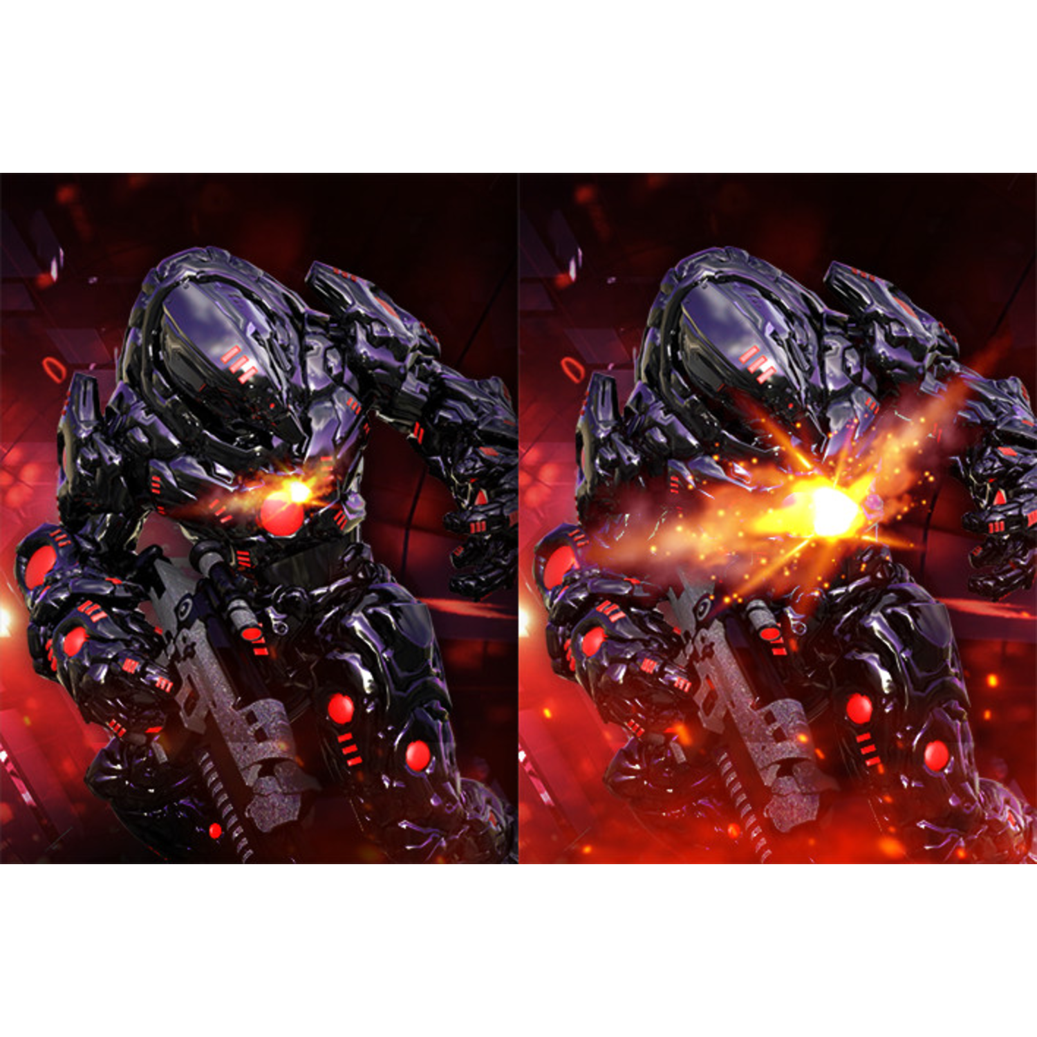 Two armored figures in a futuristic setting, one shooting a bright energy blast.