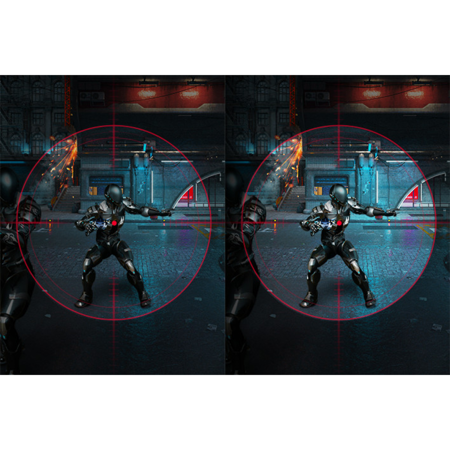 Two figures with weapons in a gaming scene, each in a red targeting circle.