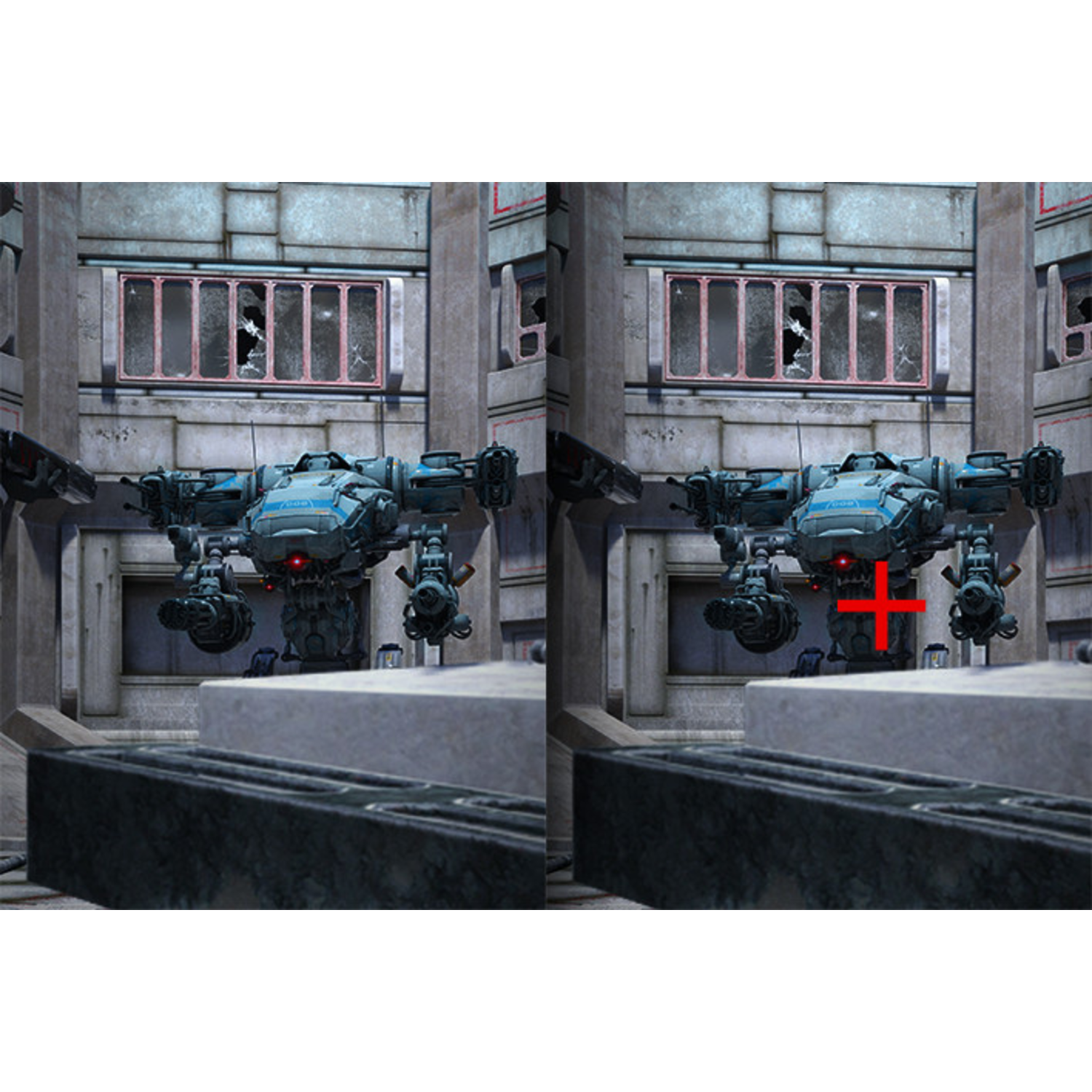 Two images of a mech robot in a city. The right image has a red crosshair on a building.