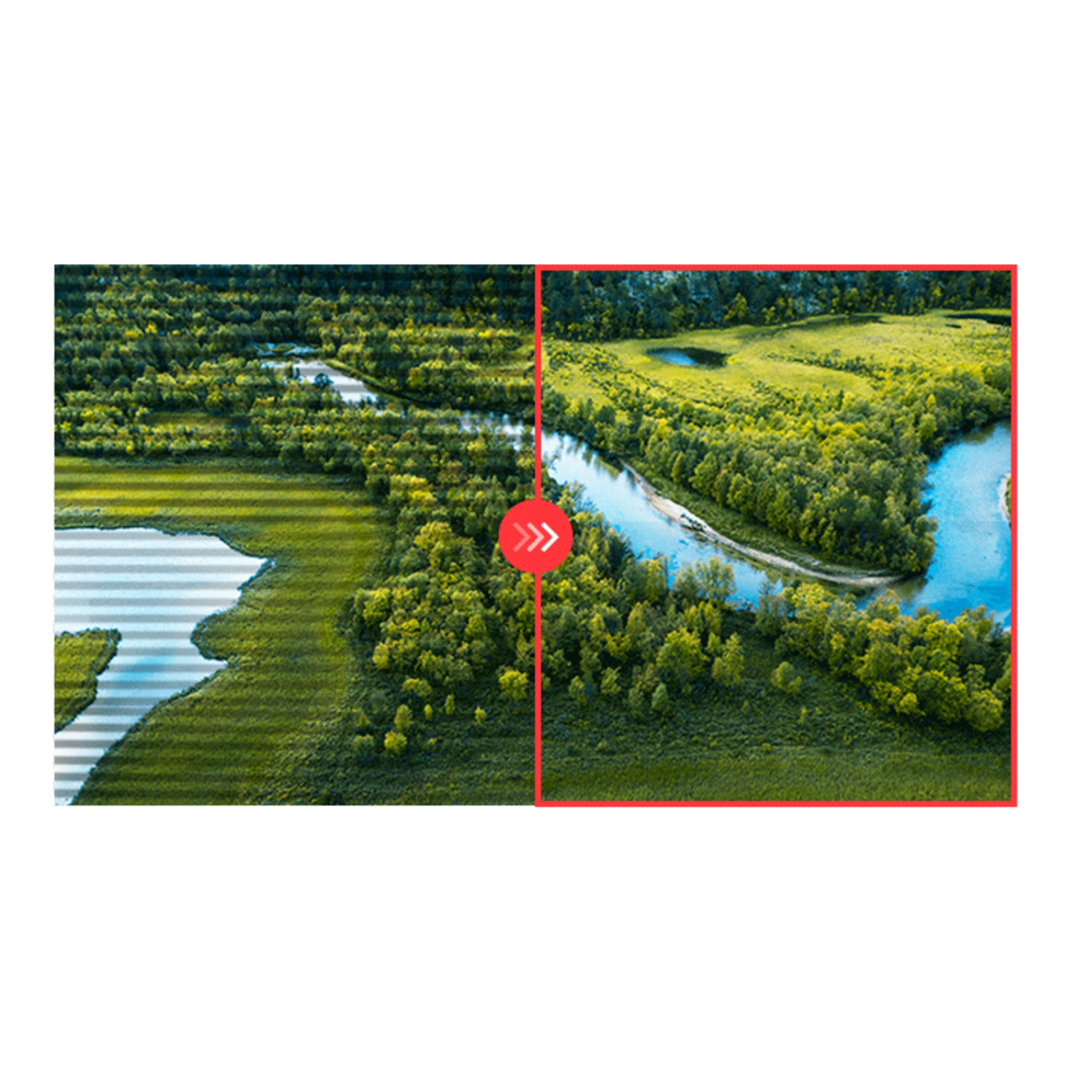 A split image shows a river and forest scene before and after image editing.