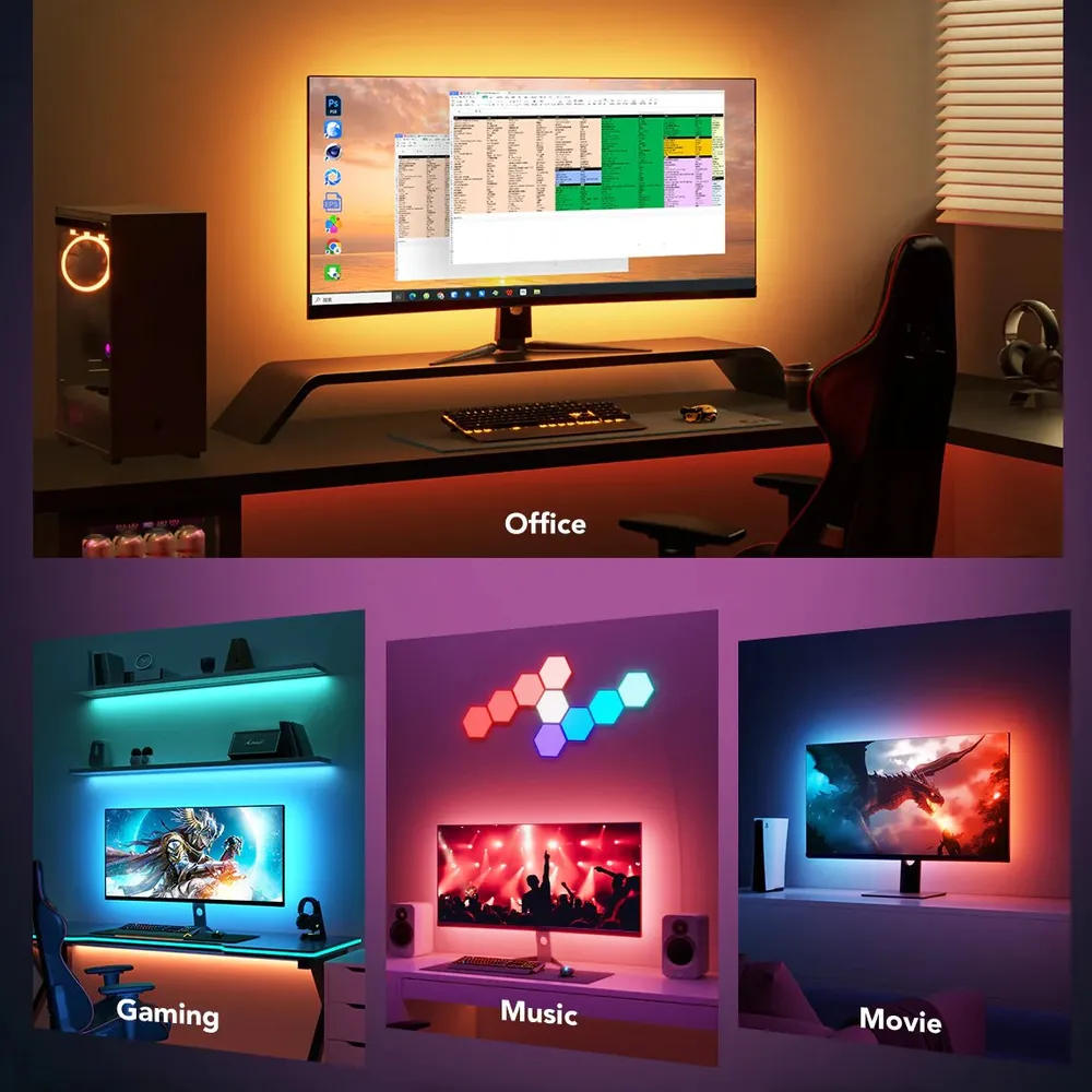 Pokój z TV, grami, muzyką i konfiguracjami filmowymi, wszystkie z oświetleniem LED.