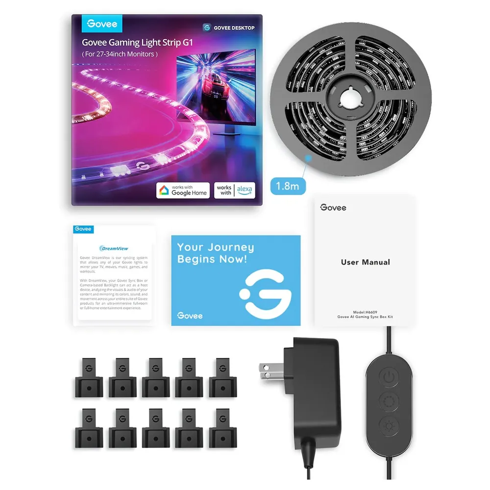 Zestaw paska świetlnego Govee do gier z komponentami, w tym pasek świetlny i instrukcja obsługi.