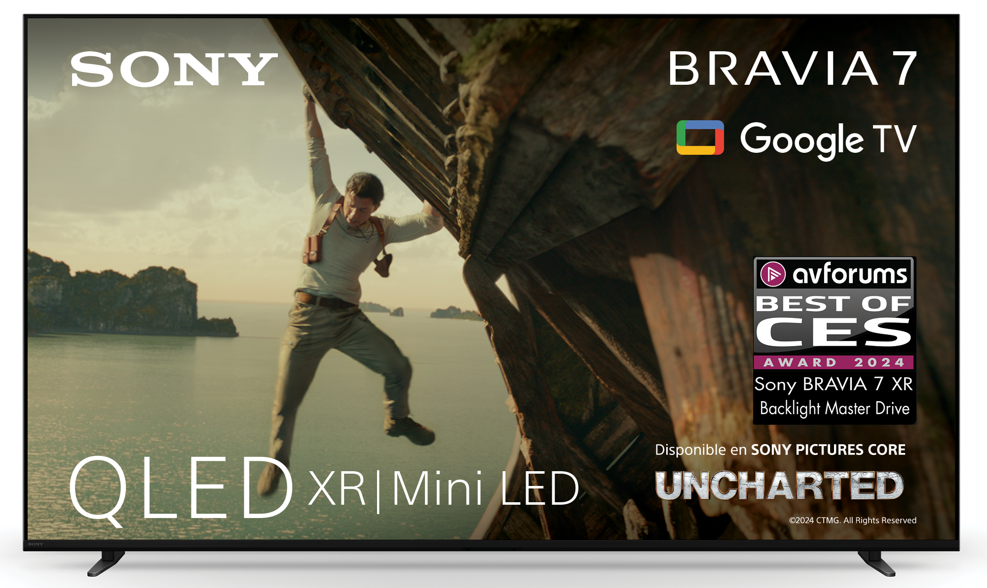 TV Sony Bravia 7 mostrando una escena con un hombre escalando. Texto: QLED XR Mini LED, Google TV y premios.