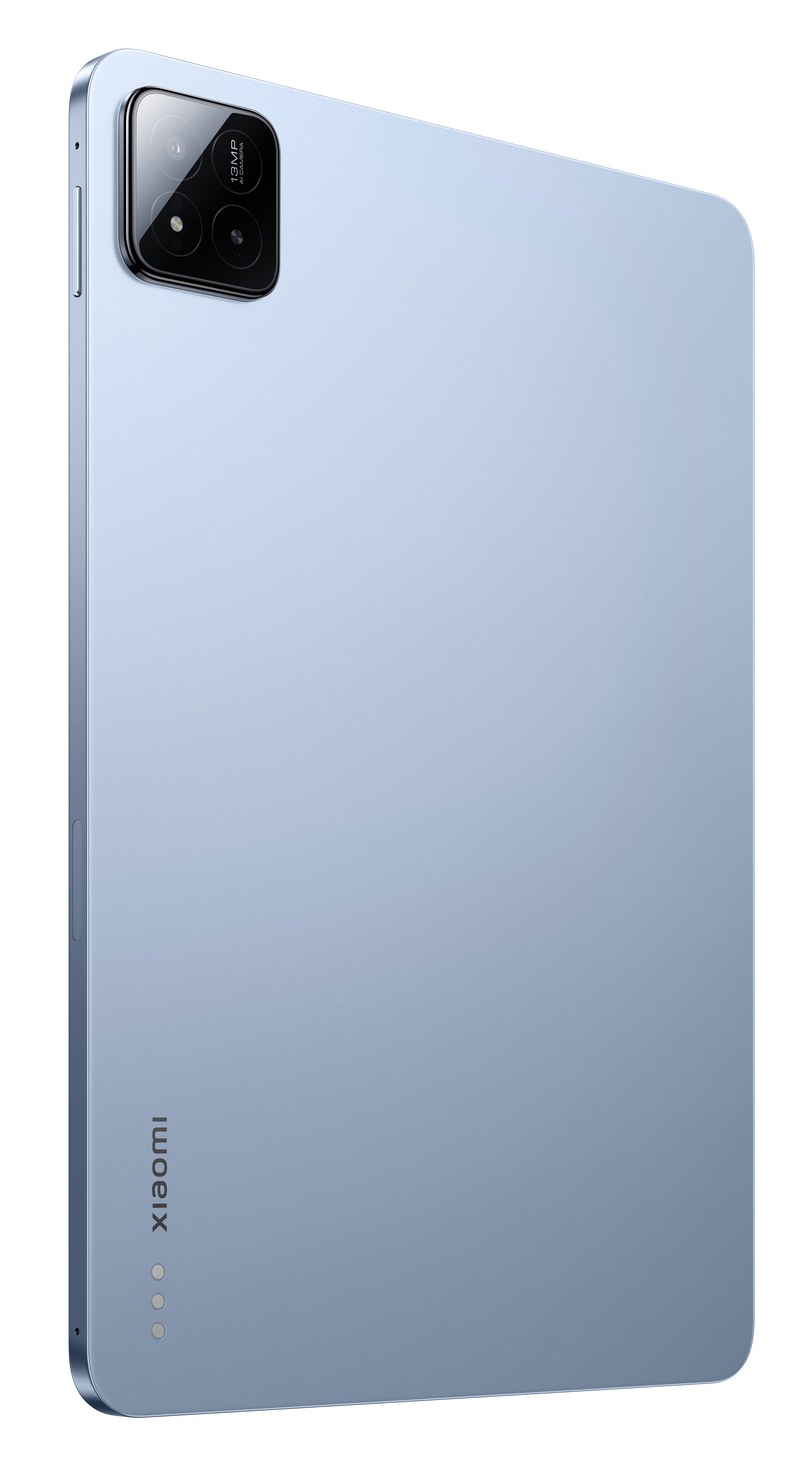 Ein hellblaues Tablet-Gerät. Die Rückseite zeigt ein Kameramodul und das Xiaomi-Logo.