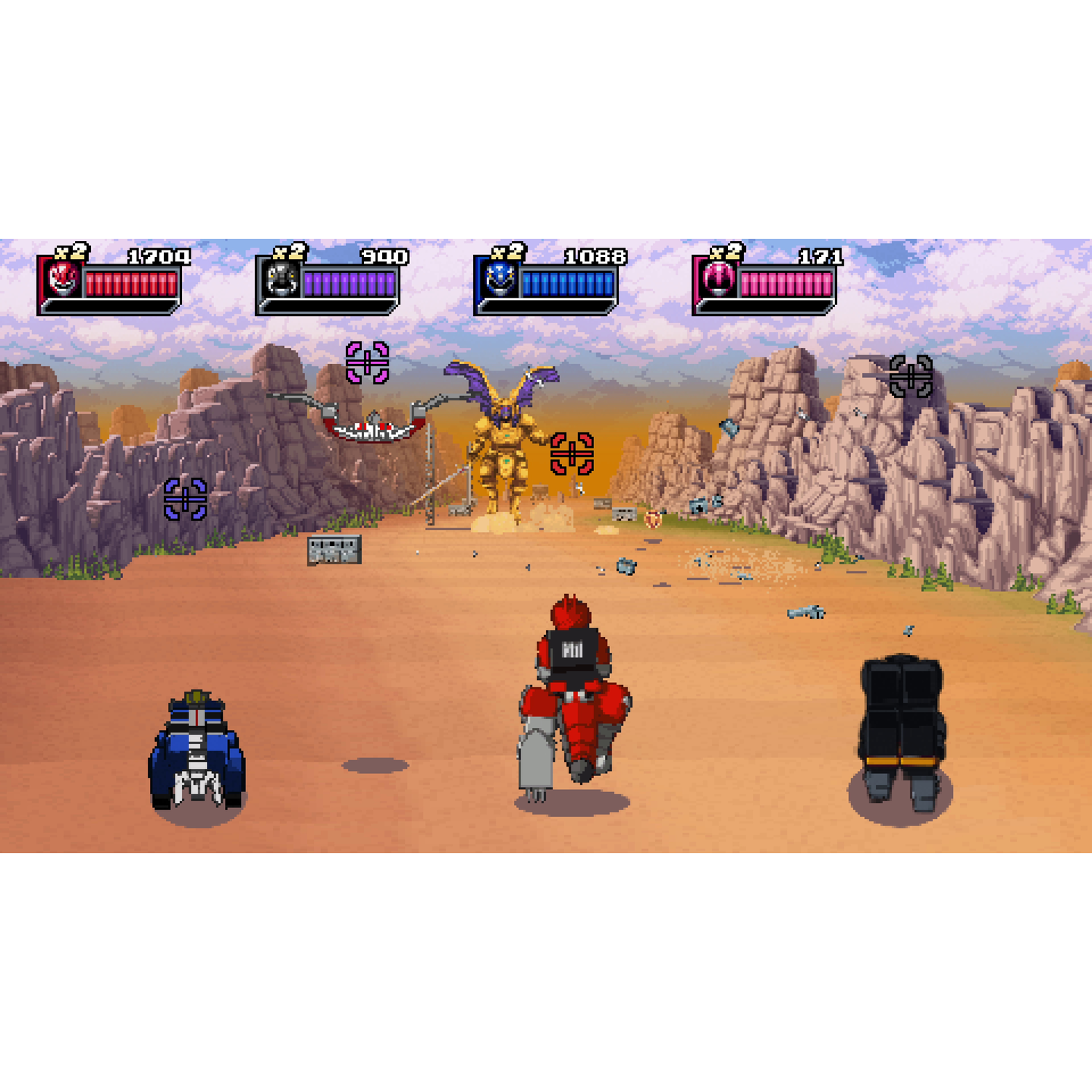 Gepixeleerde videogame scène met robots in de woestijn.