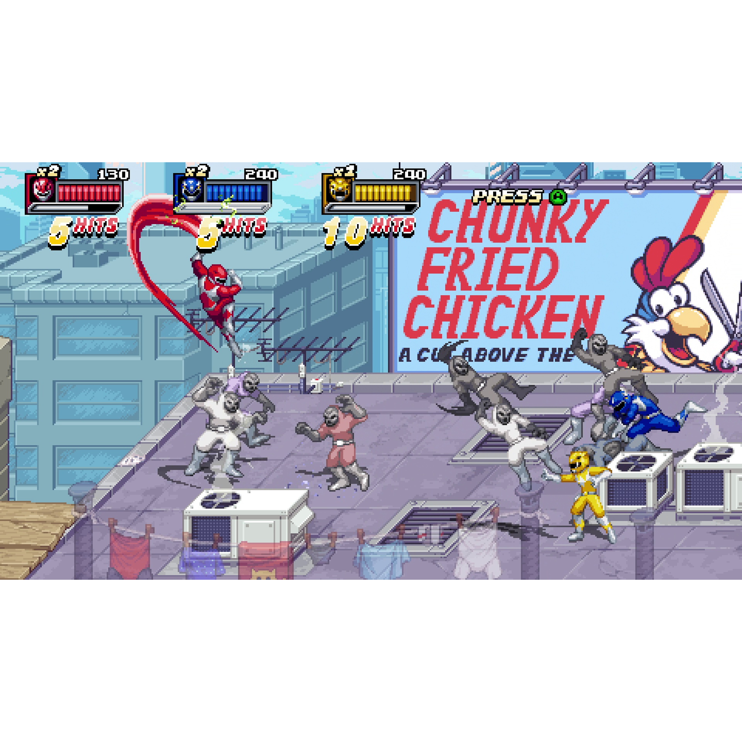 Een gepixelde videogame-scène met gevechten.