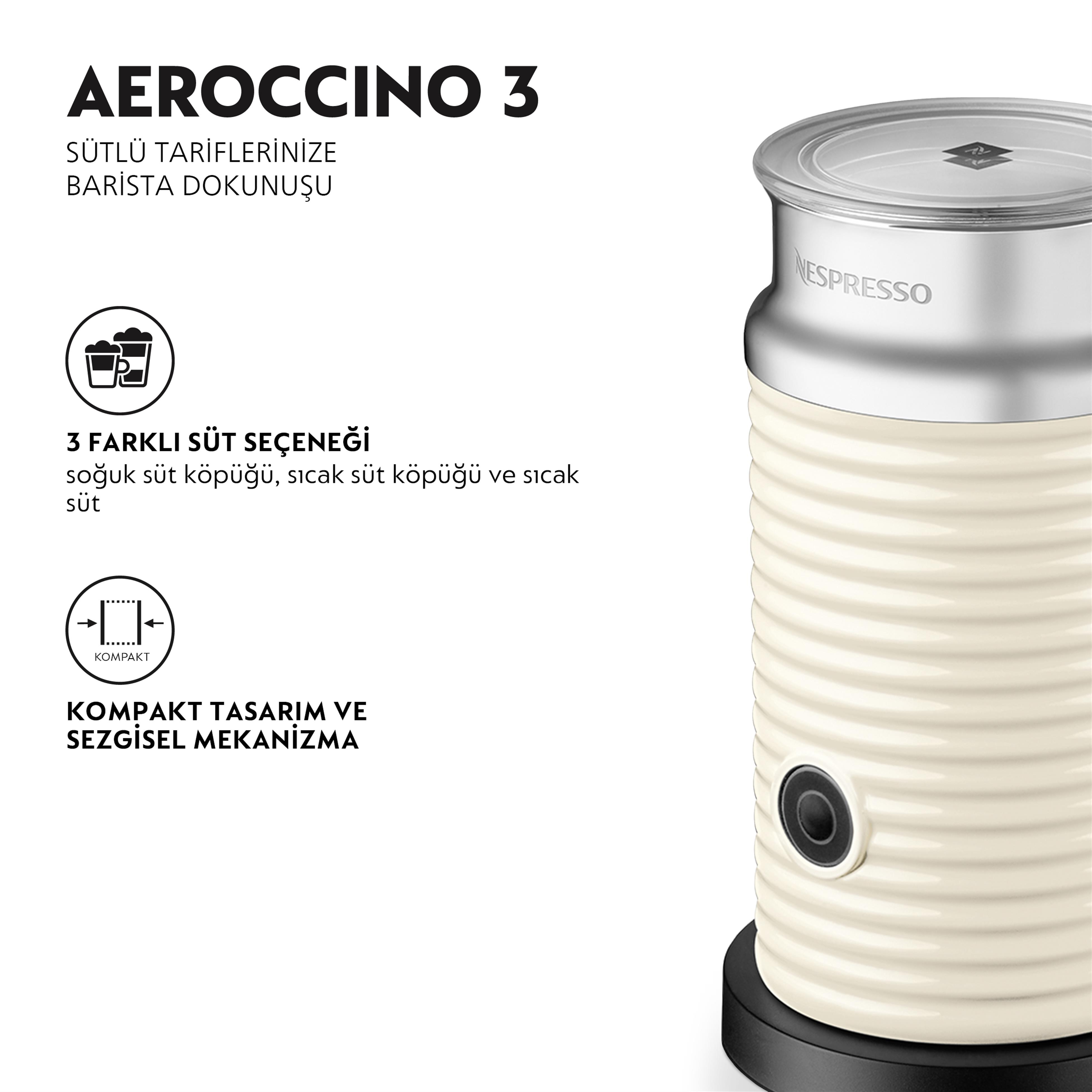 Siyah taban üzerinde krem renkli Nespresso Aeroccino 3 süt köpürtücü, metin ve illüstrasyonlarla.