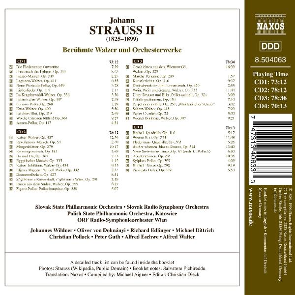 CD-Cover mit Text über Johann Strauss II und seine Werke. Die Rückseite der CD-Hülle.