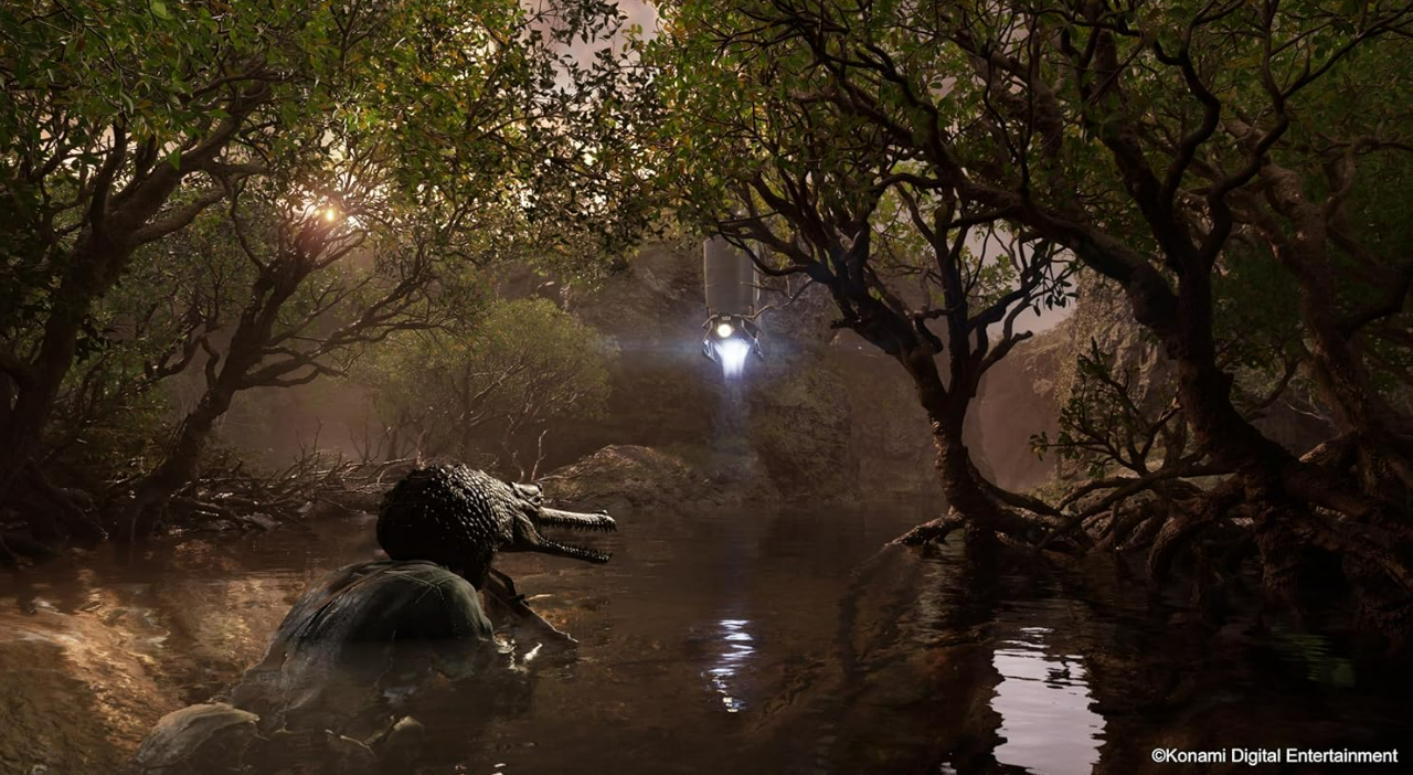 Sumpfszene mit Alligator im Vordergrund. Bäume umrahmen ein entferntes, helles Licht.
