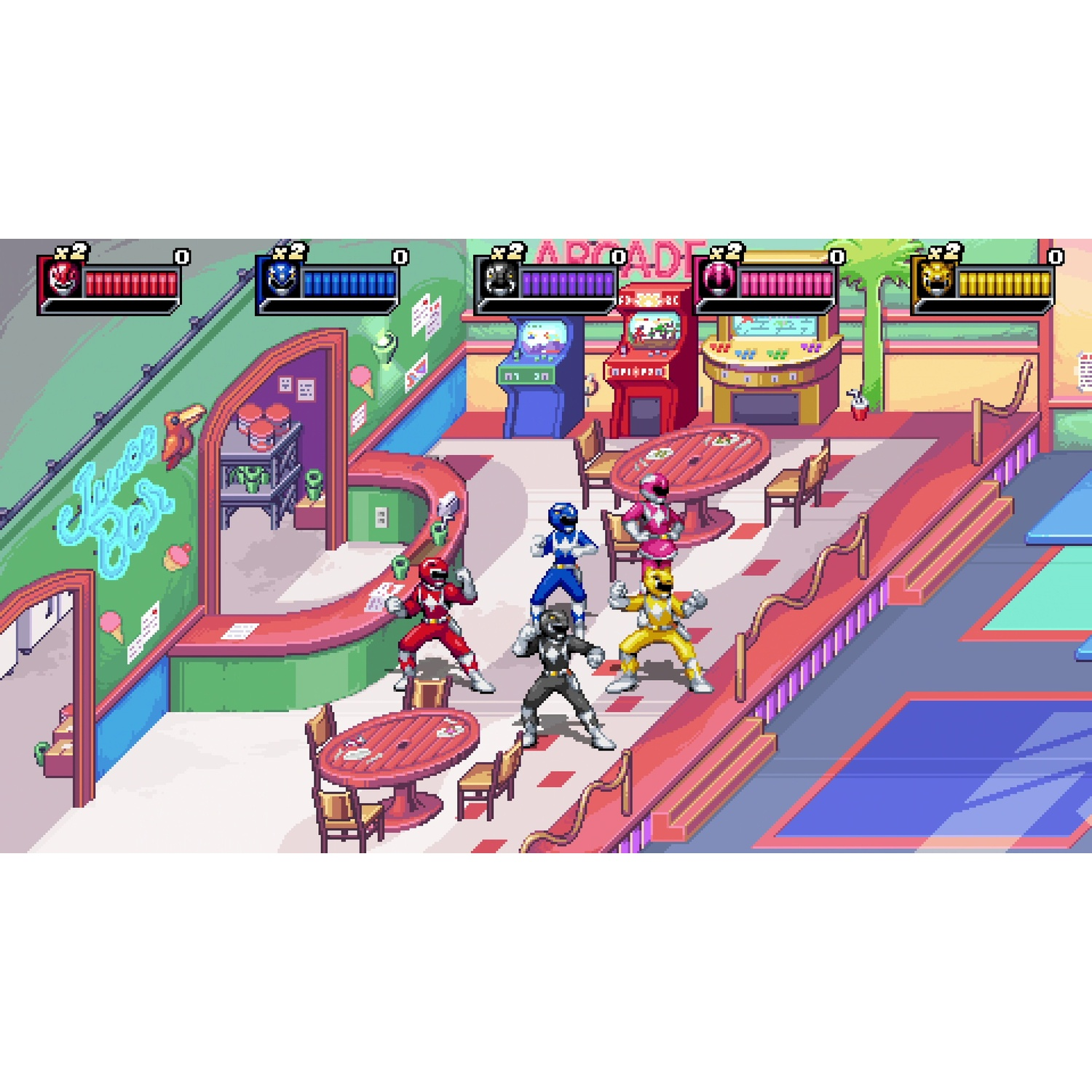 Pixelige videogame scherm met Power Rangers in een retro arcade setting.