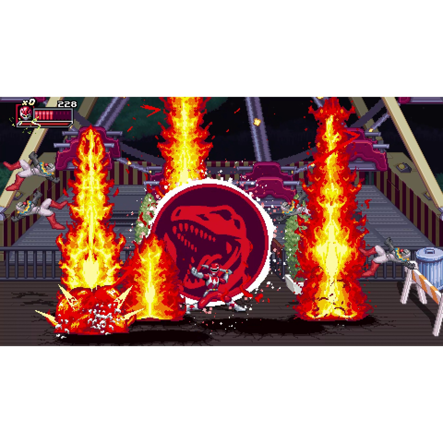 Pixelgame met een Power Ranger die een vurige explosie met een dinosauruslogo trotseert.